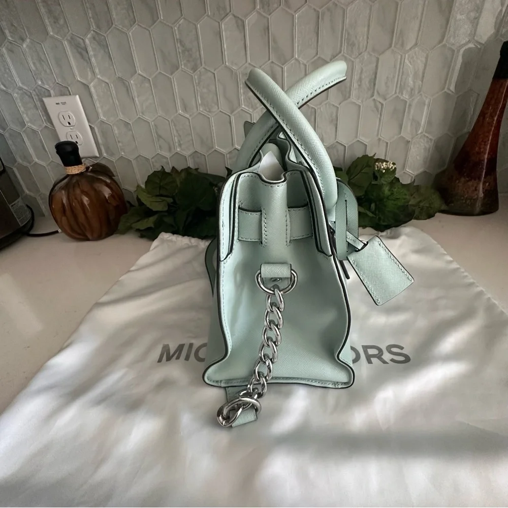 Michael Kors Mint Green Leather Satchel With Silver-Tone Hardware & Dust Bag - Picture 8 of 14